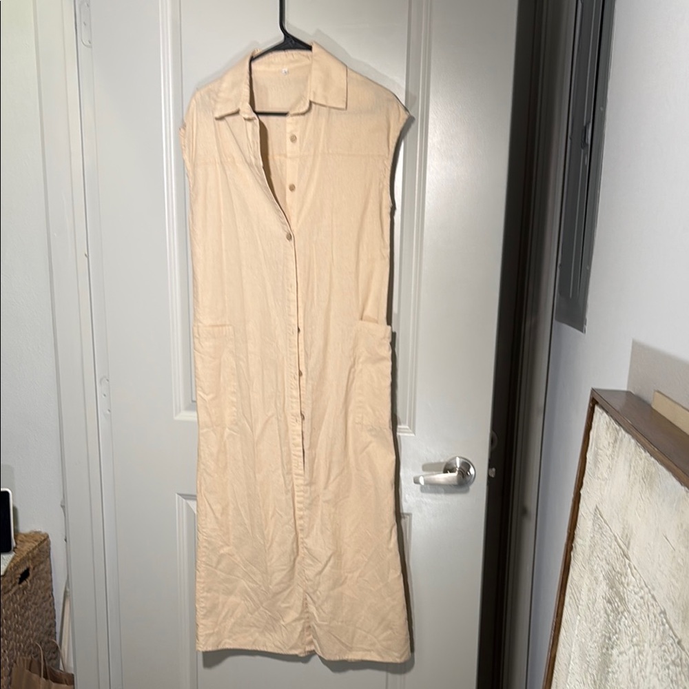 Sleeveless Button-Down Tan Dress